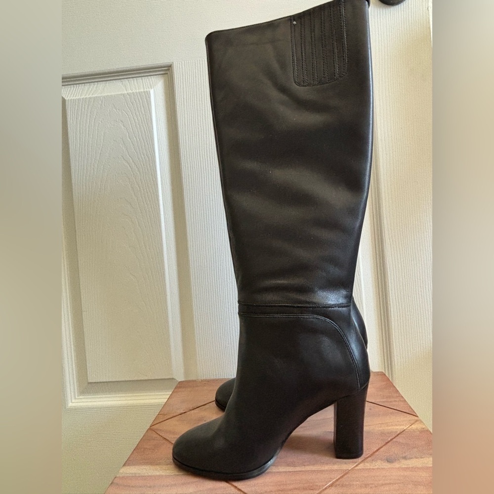 Express Black Genuine Leather Heeled Boots with Gold Accent - Picture 3 of 8